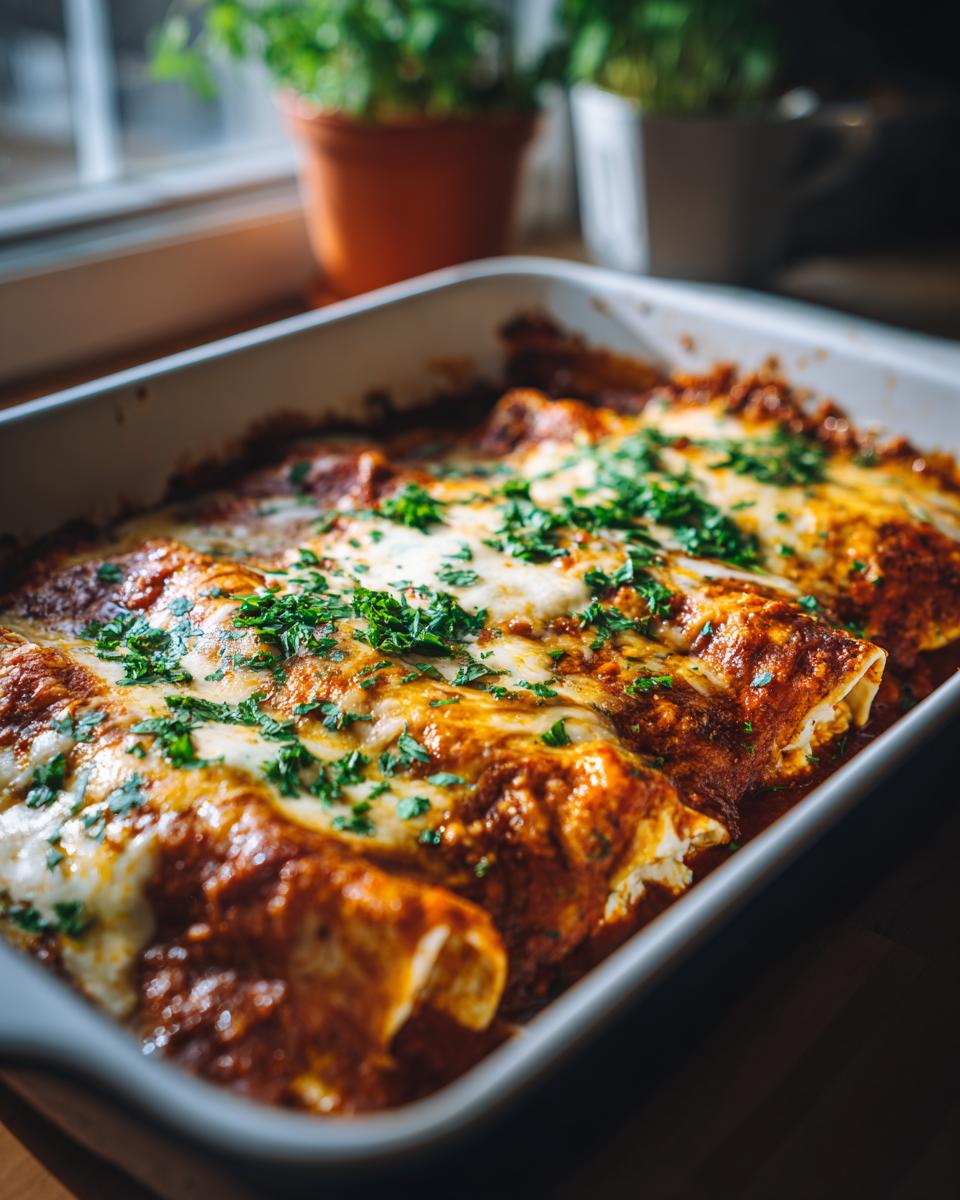 Baked Chicken Cottage Cheese Enchilada in a white baking dish, topped with melted cheese and parsley.