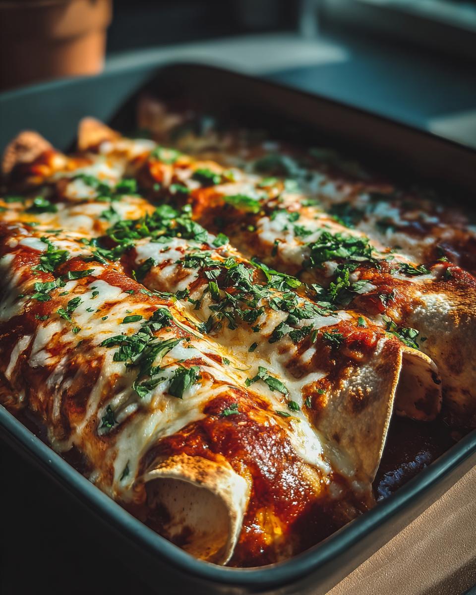A pan of freshly baked Chicken Cottage Cheese Enchilada, topped with melted cheese, red sauce, and fresh parsley.