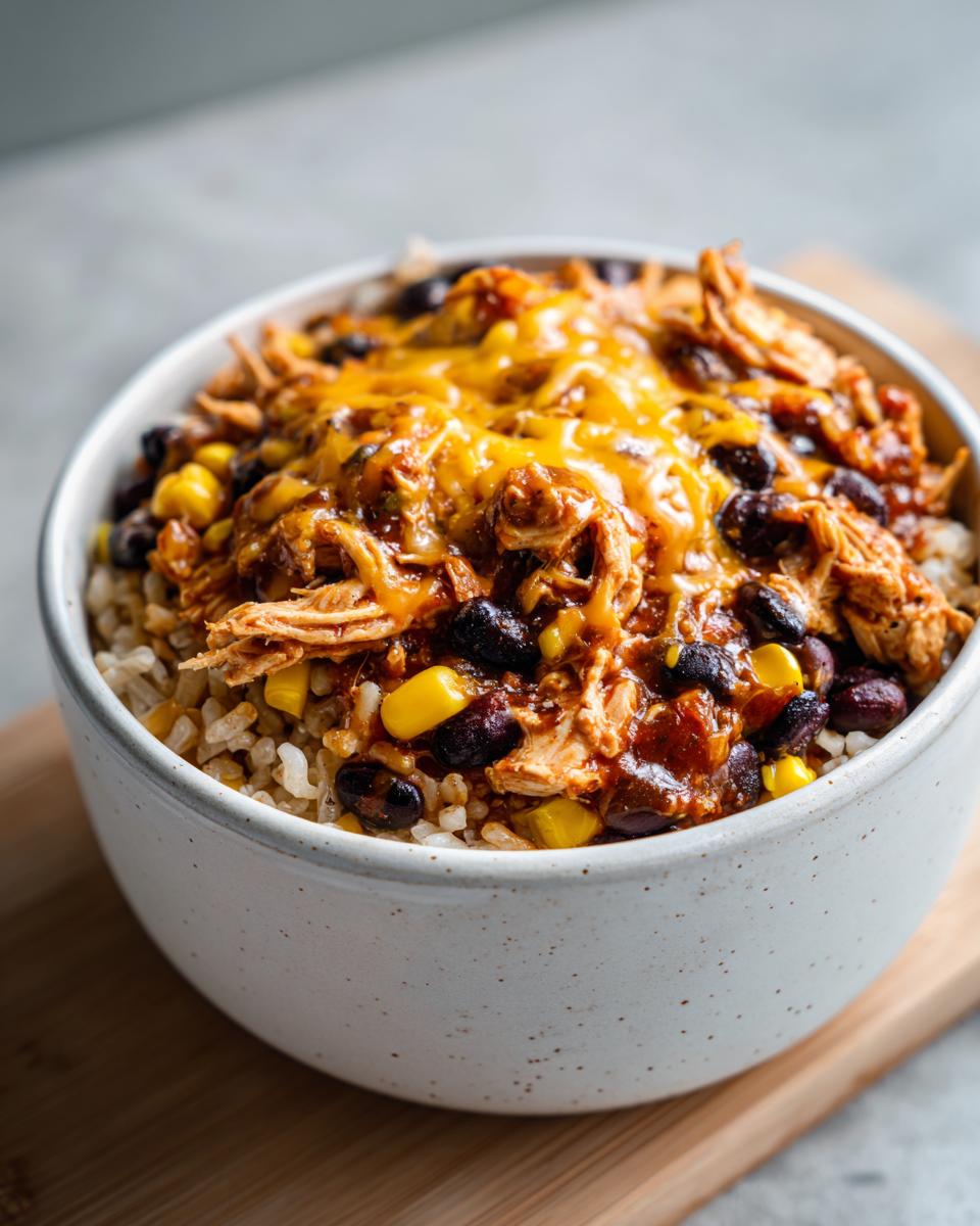 A close-up of a Chicken Enchilada Bowl with rice, chicken, black beans, corn, and melted cheese.