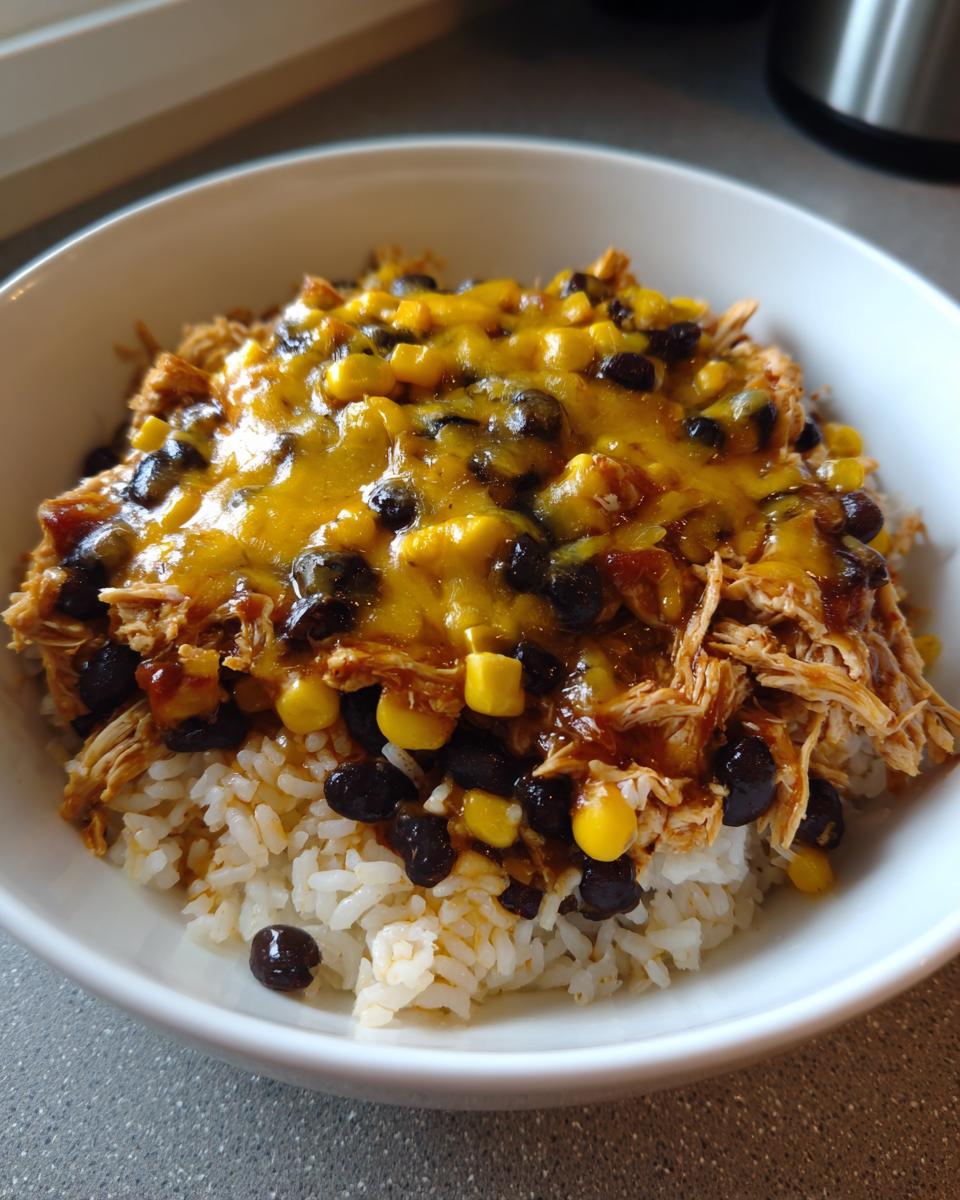 A delicious Chicken Enchilada Bowl filled with rice, chicken, corn, black beans, and melted cheese.