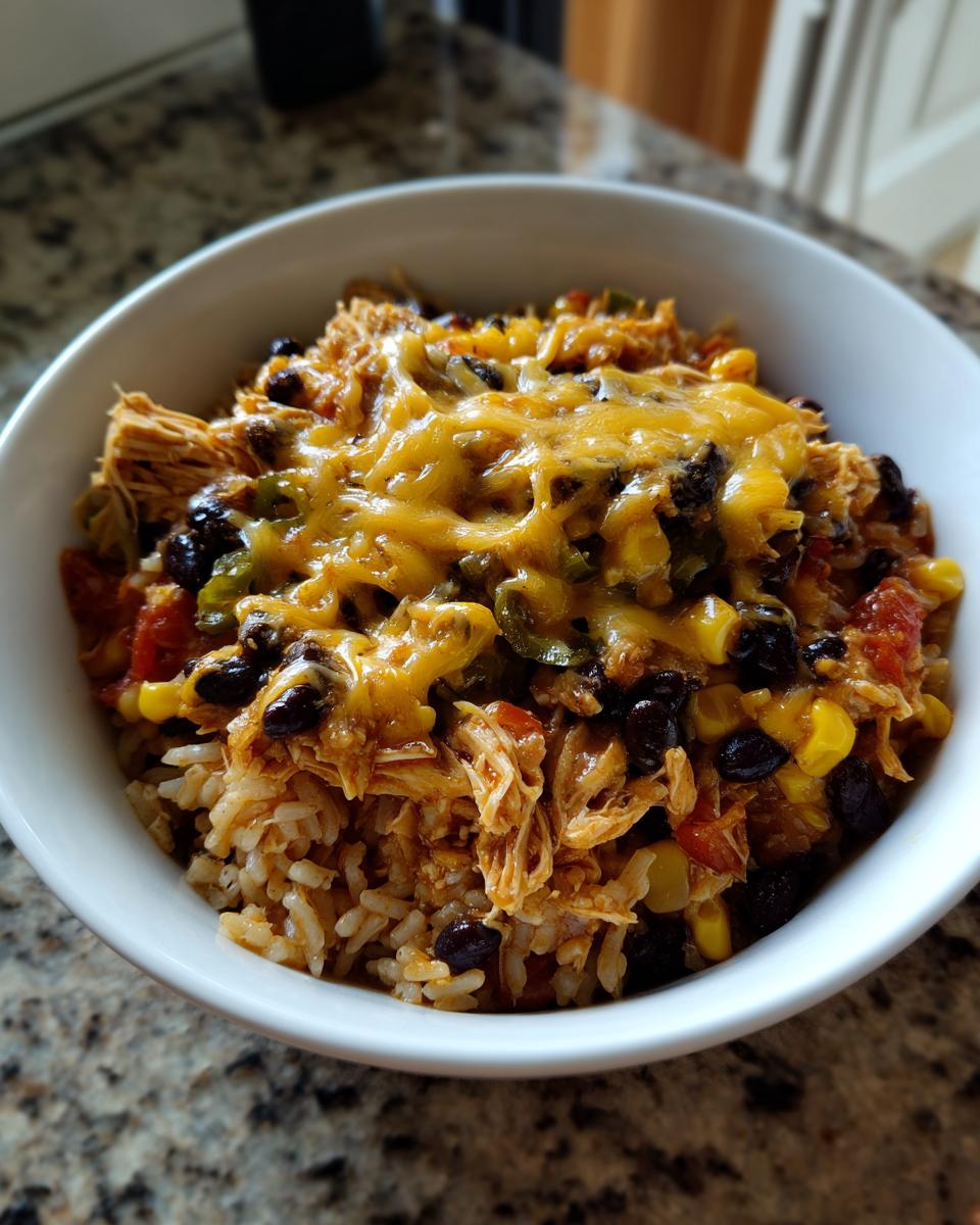 A delicious Chicken Enchilada Bowl with rice, chicken, black beans, corn, and melted cheese.