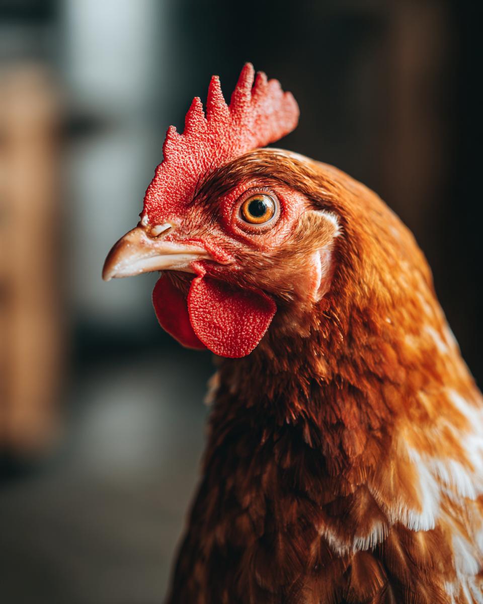 Close-up of a chicken's head, relevant to a Chicken & Sweet Potato Rice recipe.