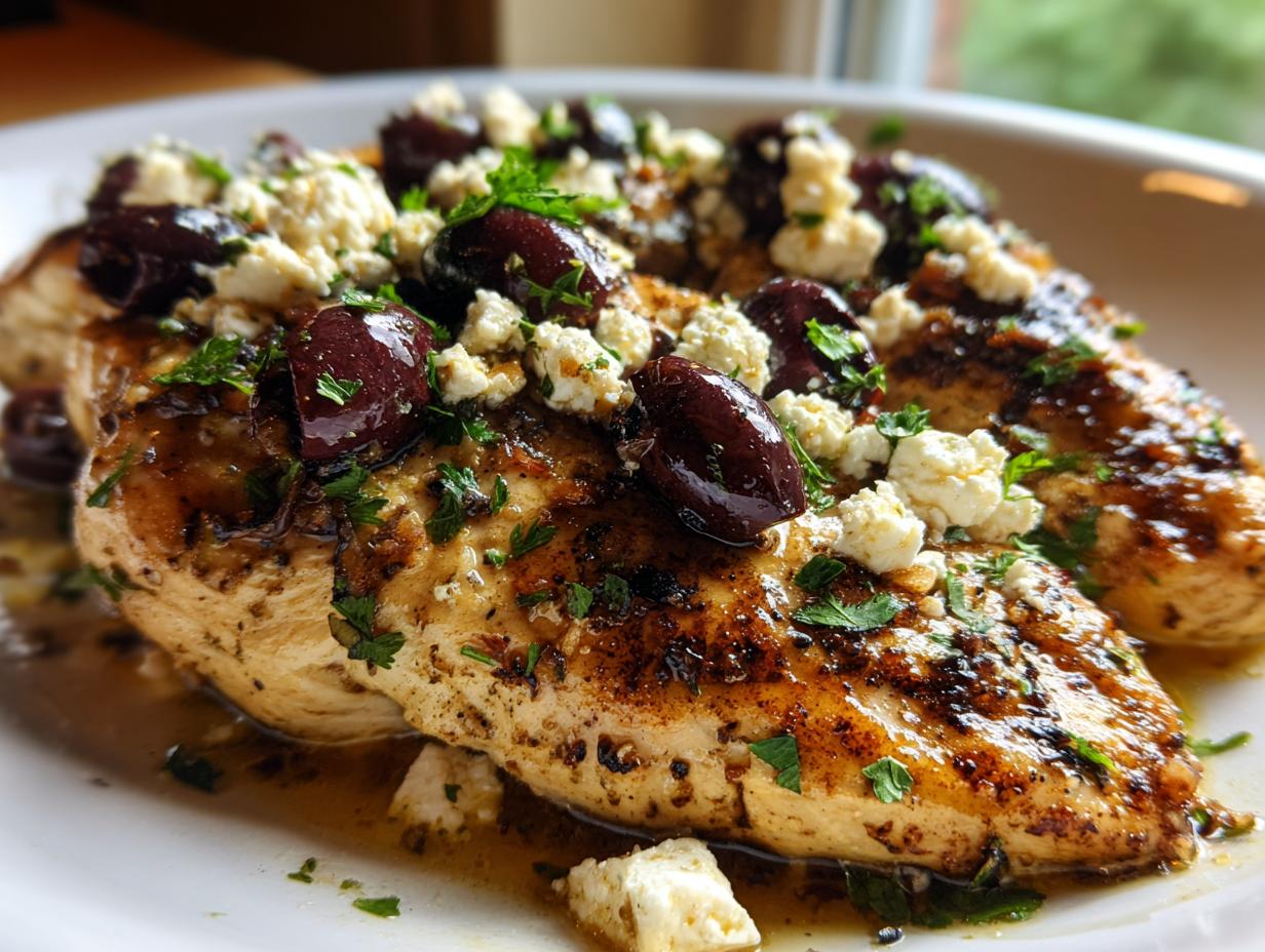 Close-up of Chicken with Olives and Feta, garnished with parsley on a white plate.