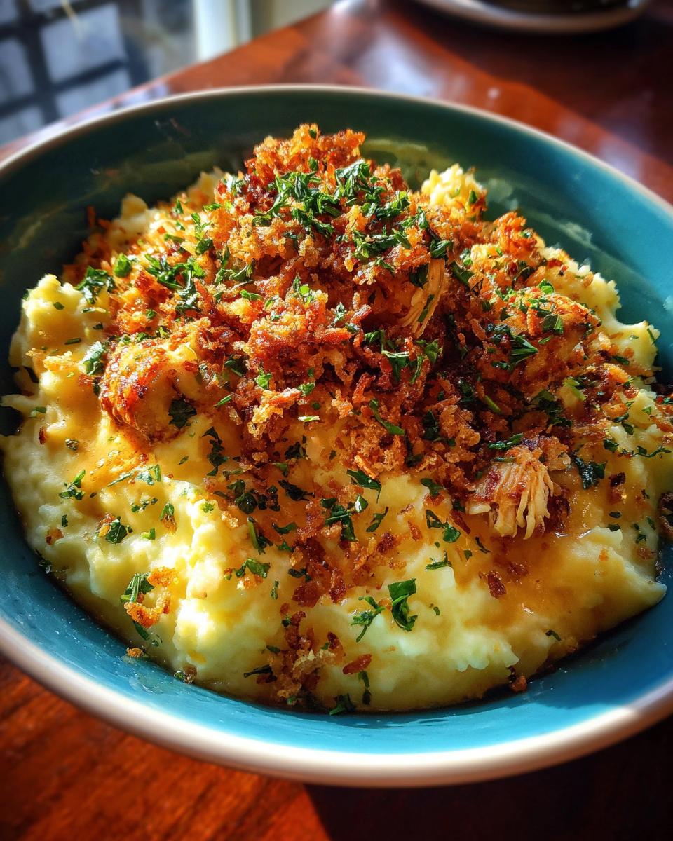 Overhead view of a Chicken Parm Cottage Bowl with mashed potatoes, chicken, sauce, and crispy toppings.