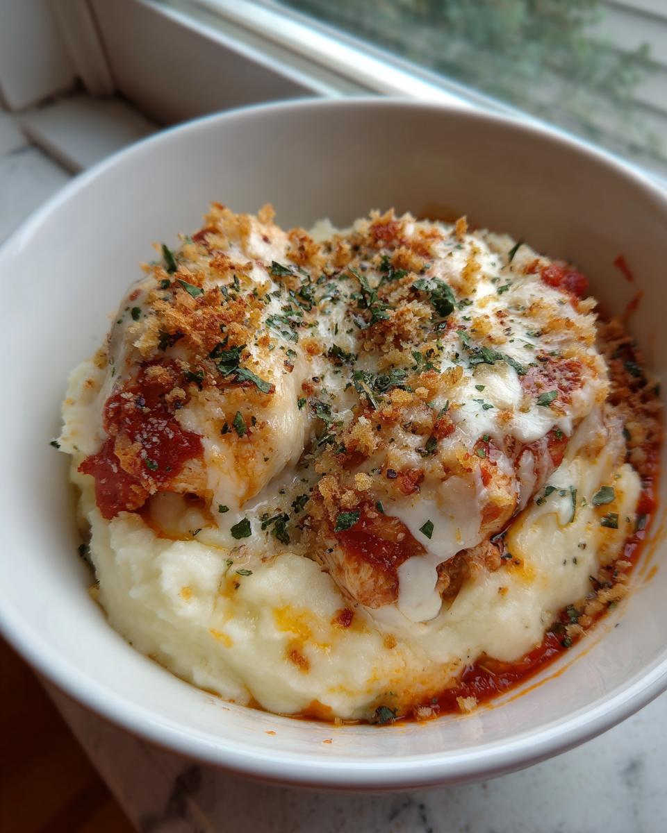 Overhead shot of a Chicken Parm Cottage Bowl featuring mashed potatoes, chicken, marinara, cheese, and breadcrumbs.