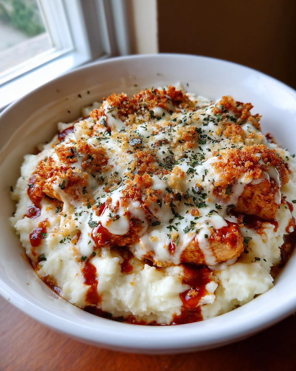 Overhead view of a Chicken Parm Cottage Bowl featuring chicken, mashed potatoes, sauce, cheese and breadcrumbs.