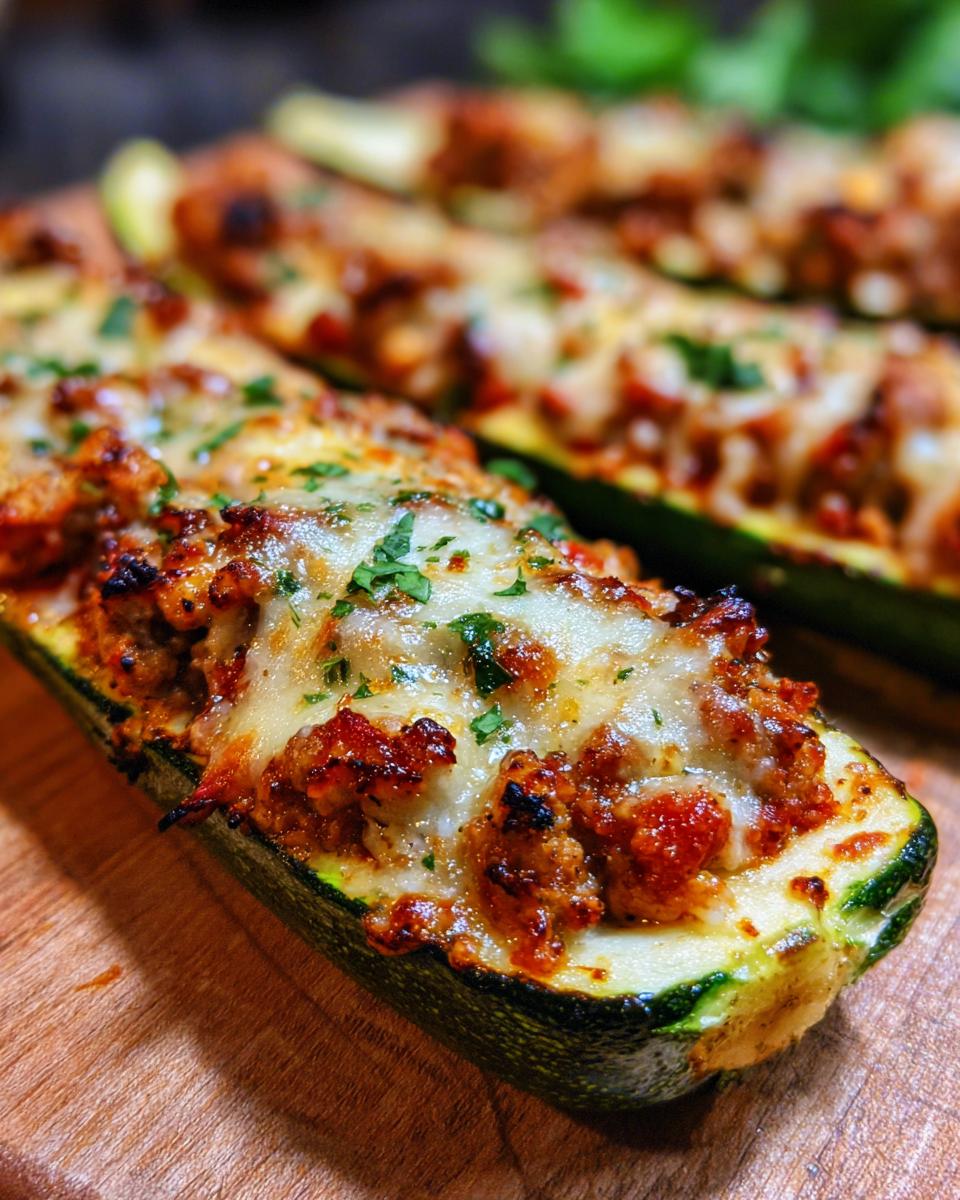 Close-up of Chicken Parmesan Zucchini Boats topped with melted cheese and parsley on a wooden board.