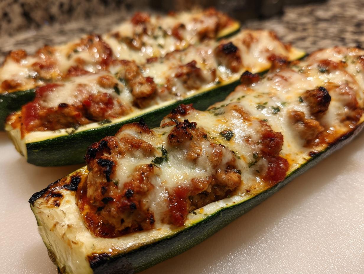 Two Chicken Parmesan Zucchini Boats topped with melted cheese, tomato sauce, and herbs. A healthy and delicious meal.