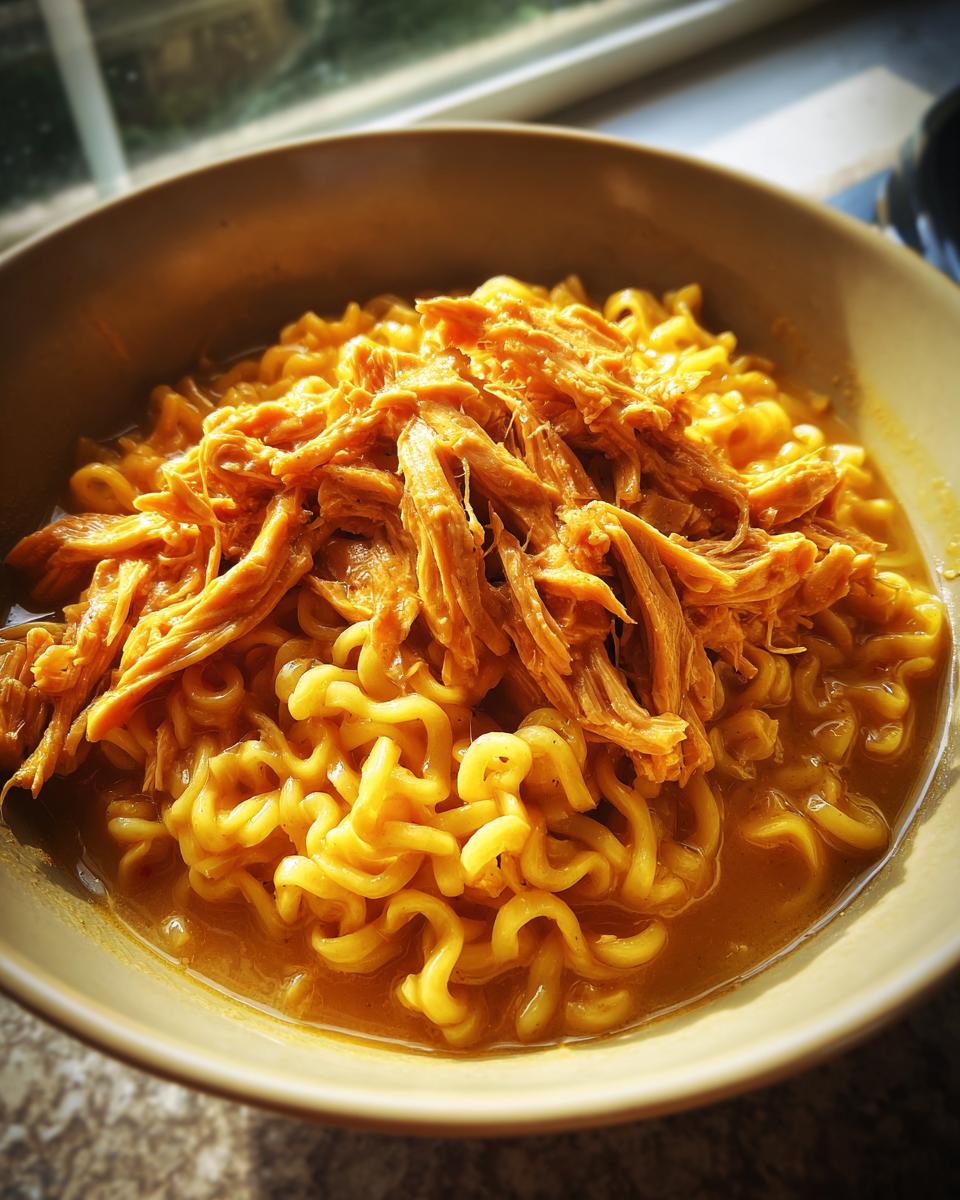 A bowl of Chicken Ramen Creamy Sauce with shredded chicken on top, ready to eat.