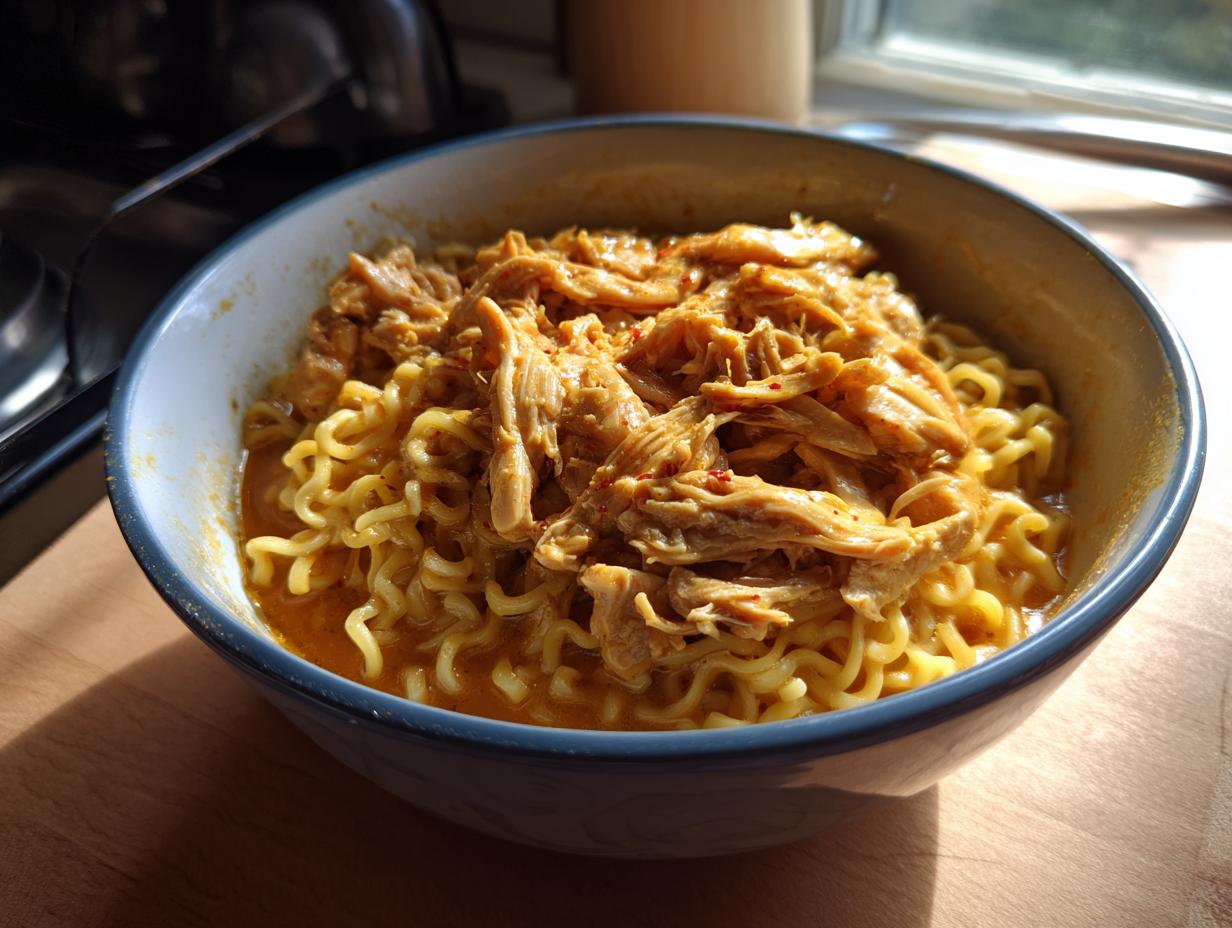 A bowl of chicken ramen creamy sauce, featuring noodles and shredded chicken in a rich, creamy broth.