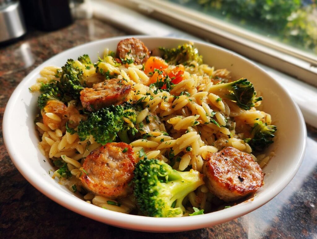 A bowl of Chicken Sausage Broccoli Orzo, featuring orzo pasta, sliced chicken sausage, and broccoli florets.