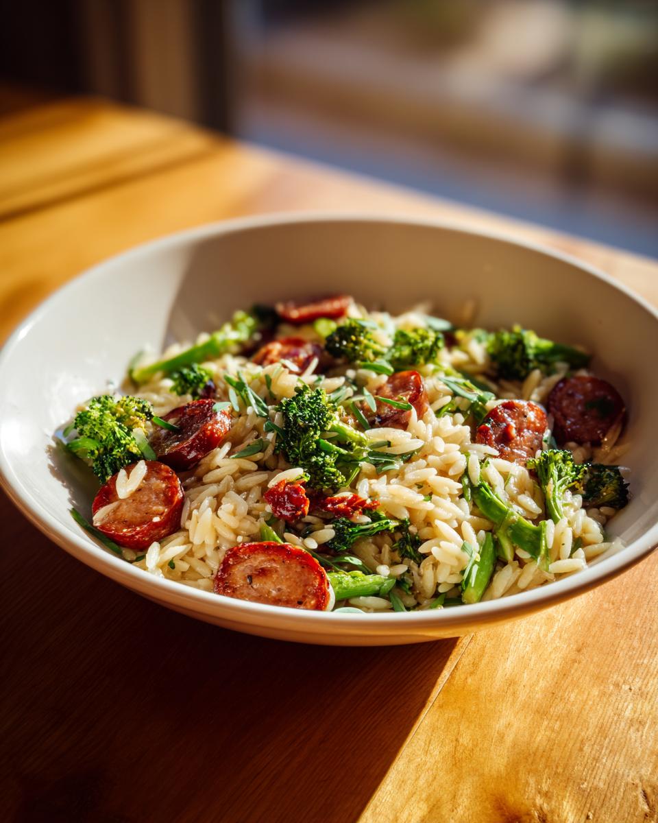 Bowl of Chicken Sausage Broccoli Orzo pasta dish with sliced sausage and fresh herbs.