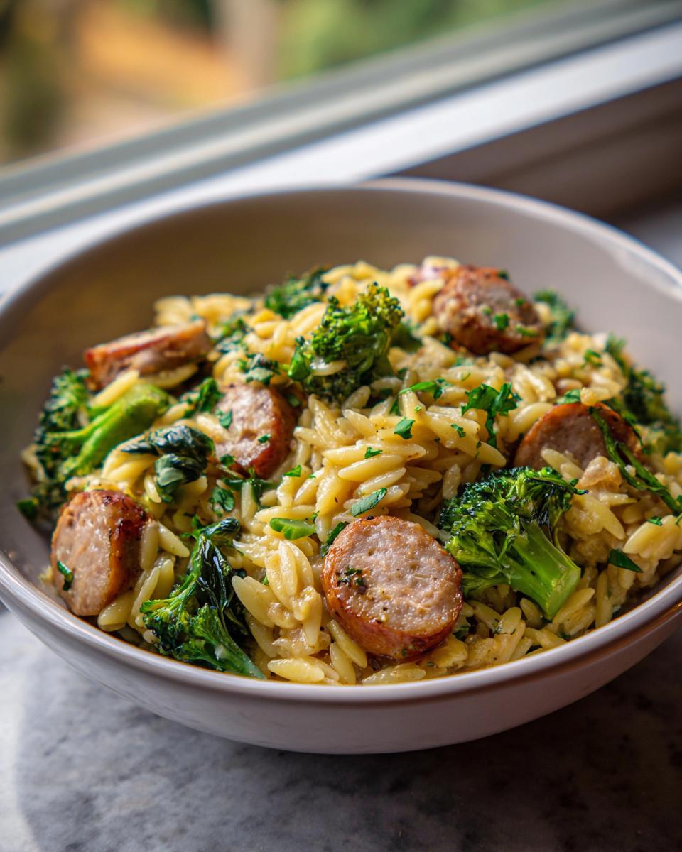 Bowl of Chicken Sausage Broccoli Orzo pasta, garnished with parsley, ready to eat.