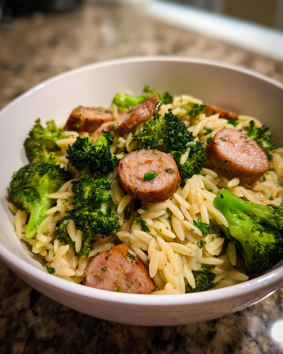 Bowl of Chicken Sausage Broccoli Orzo, featuring orzo pasta, broccoli florets, and sliced chicken sausage.