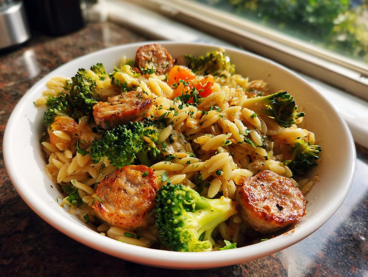 A bowl of Chicken Sausage Broccoli Orzo, featuring orzo pasta, sliced chicken sausage, and broccoli florets.