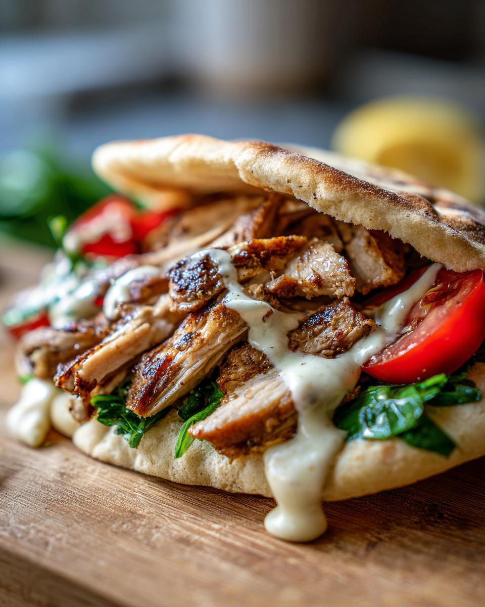 Close-up of Chicken Shawarma with Garlic Sauce, featuring juicy chicken, fresh vegetables, and creamy sauce in pita bread.