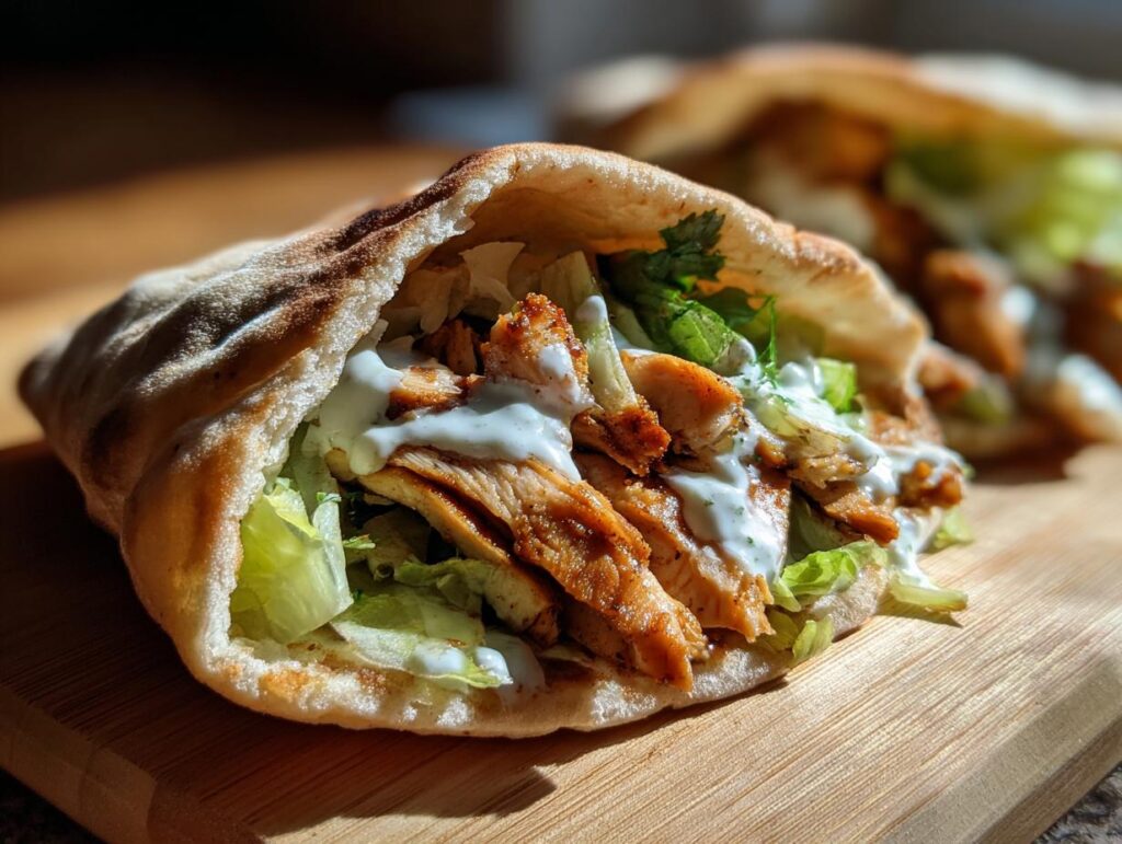 Close-up of Chicken Shawarma with Garlic Sauce in pita bread, featuring chicken, lettuce, and creamy garlic sauce.
