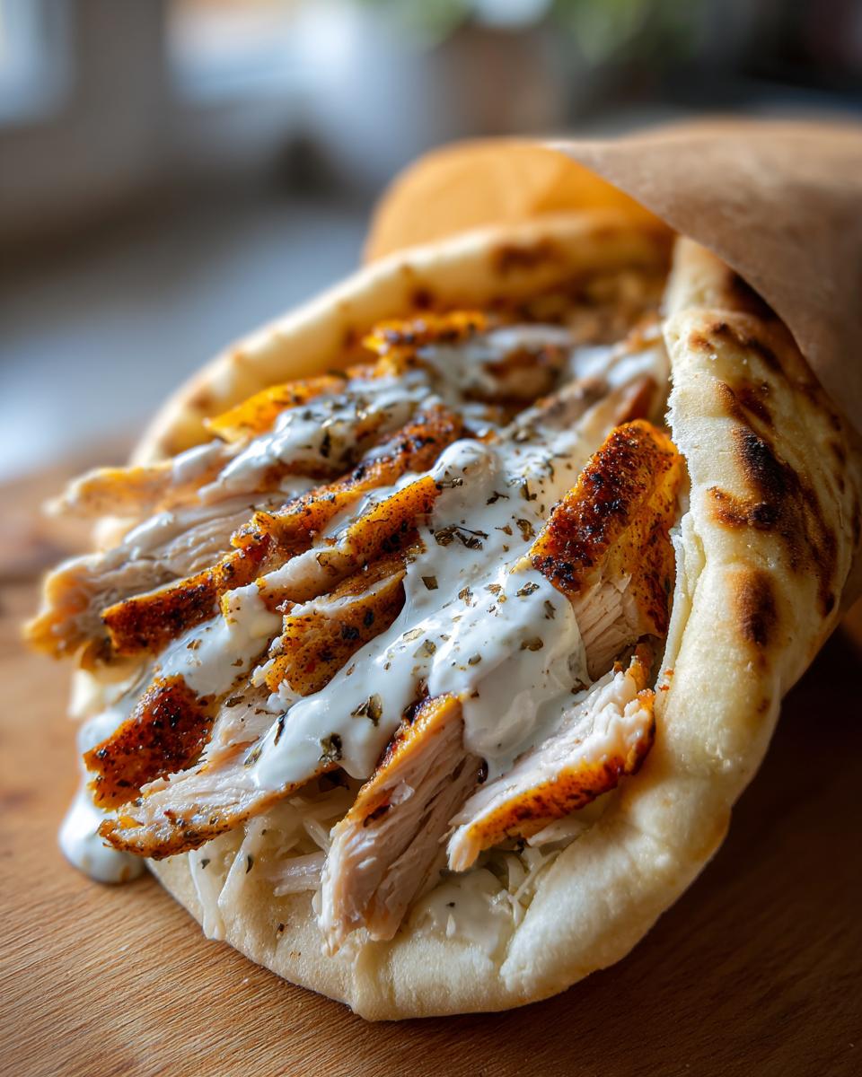 Close-up of Chicken Shawarma with Garlic Sauce in pita bread, drizzled with sauce and herbs.