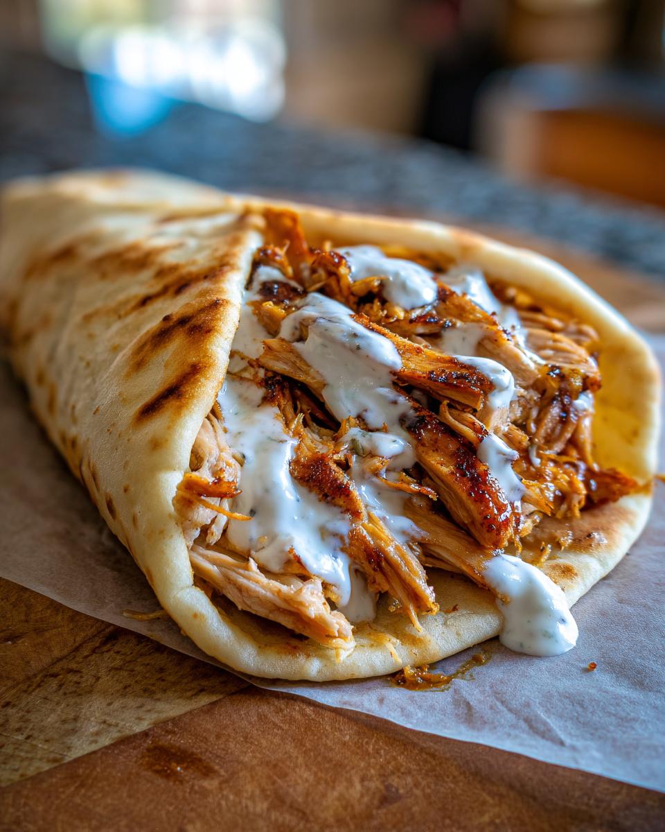 Close-up of a Chicken Shawarma with Garlic Sauce wrap, filled with seasoned chicken and creamy garlic sauce.