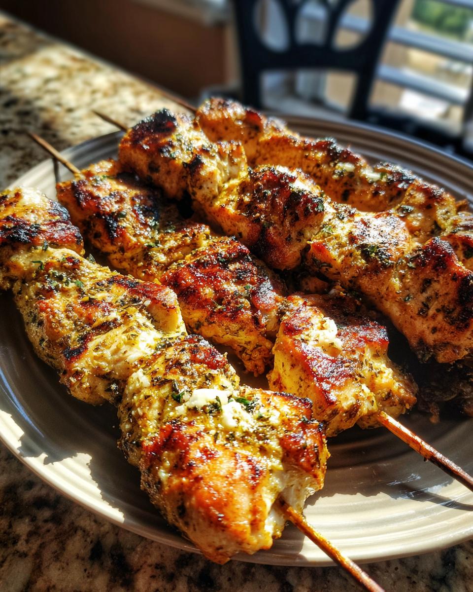Close-up of delicious Chicken Skewers with Garlic and Parmesan on a plate, ready to serve.