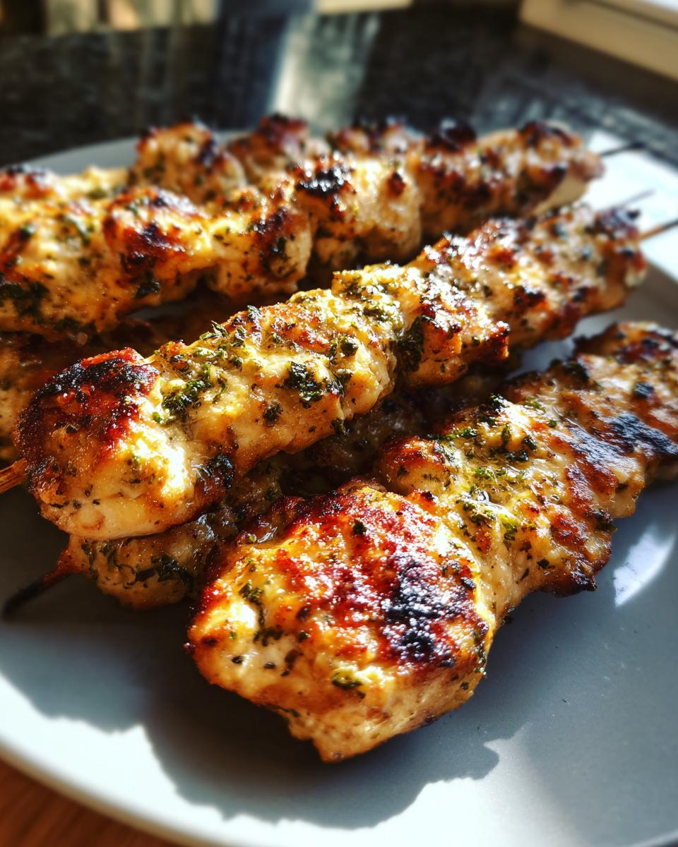 Close-up of grilled Chicken Skewers with Garlic and Parmesan, seasoned with herbs on a gray plate.