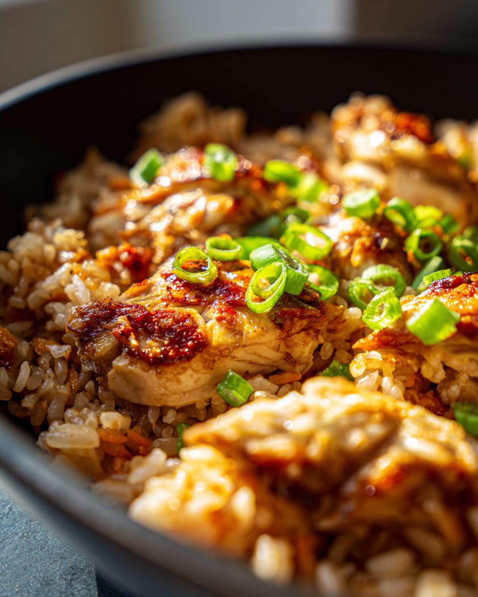 Close-up of Chicken & Sweet Potato Rice in a bowl, garnished with fresh sliced scallions.