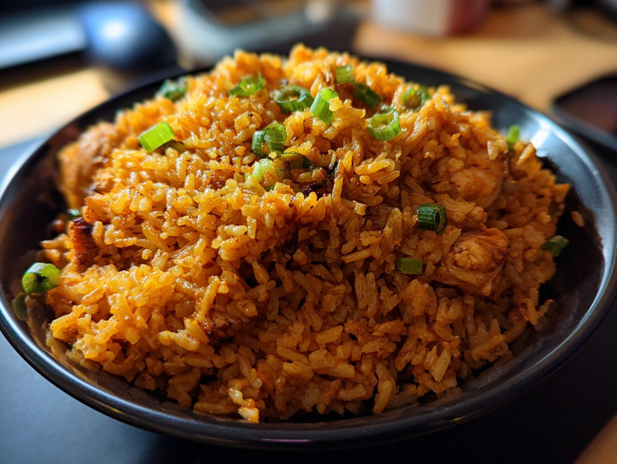 A bowl of Chicken & Sweet Potato Rice, garnished with green onions, ready to be served.