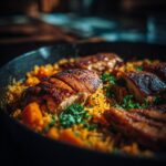 Close-up of Chicken & Sweet Potato Rice skillet dish with herbs and perfectly cooked chicken.