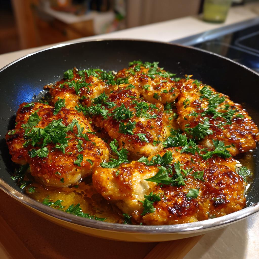 Chicken pieces with a sweet potato topping, sprinkled with herbs, in a skillet, ready for Chicken & Sweet Potato Rice.