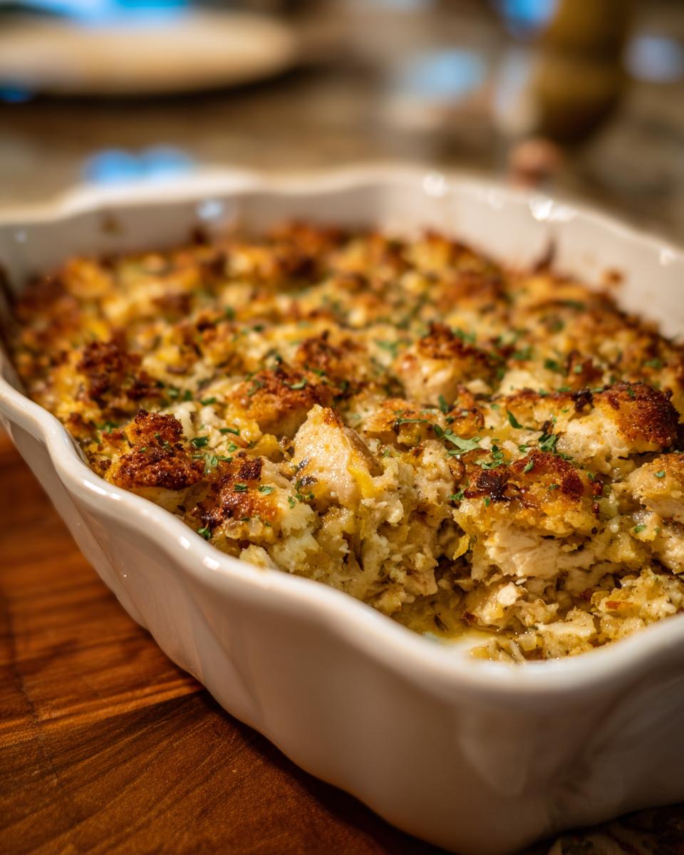 Close-up of a freshly baked Chicken Wild Rice Casserole in a white baking dish, garnished with parsley.