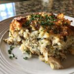 A delicious slice of Chicken Wild Rice Casserole on a white plate, garnished with fresh parsley.