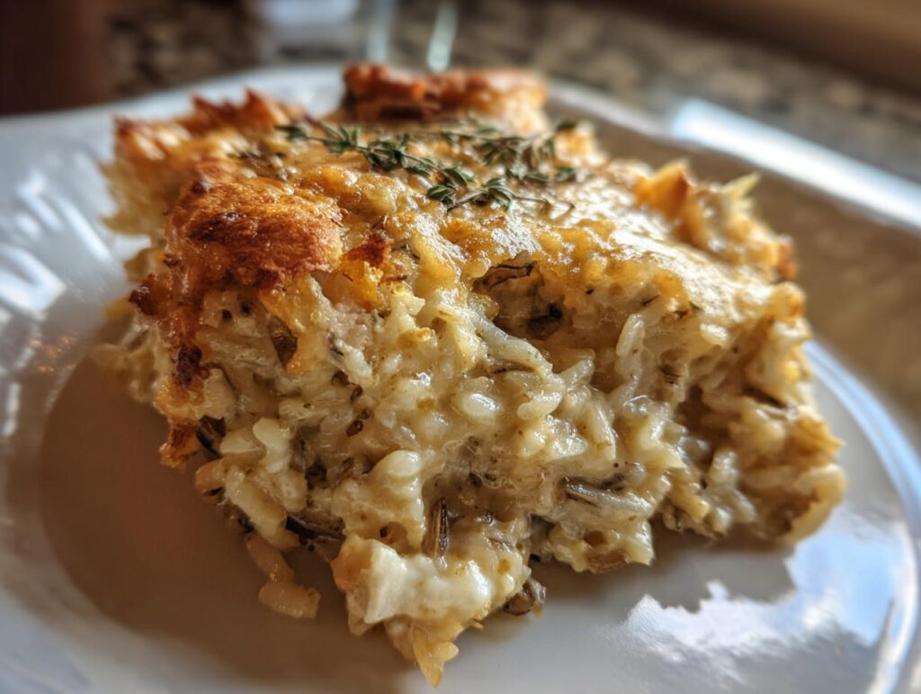 A close-up of a slice of Chicken Wild Rice Casserole on a white plate, garnished with thyme.