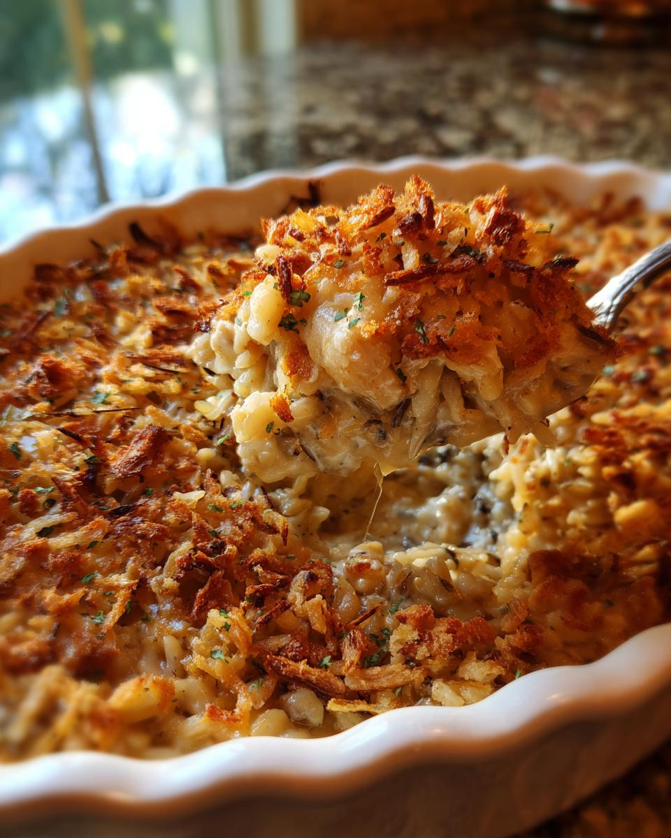 Spoonful of creamy Chicken Wild Rice Casserole being lifted from a white baking dish.