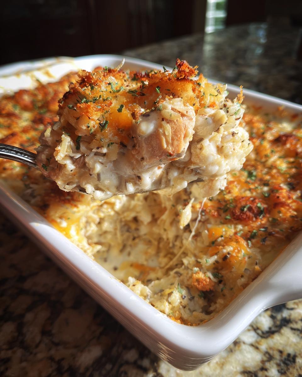 Close-up of a spoonful of Chicken Wild Rice Casserole with a golden crust and creamy filling.