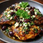 Close-up of Chicken with Olives and Feta, garnished with parsley on a gray plate.