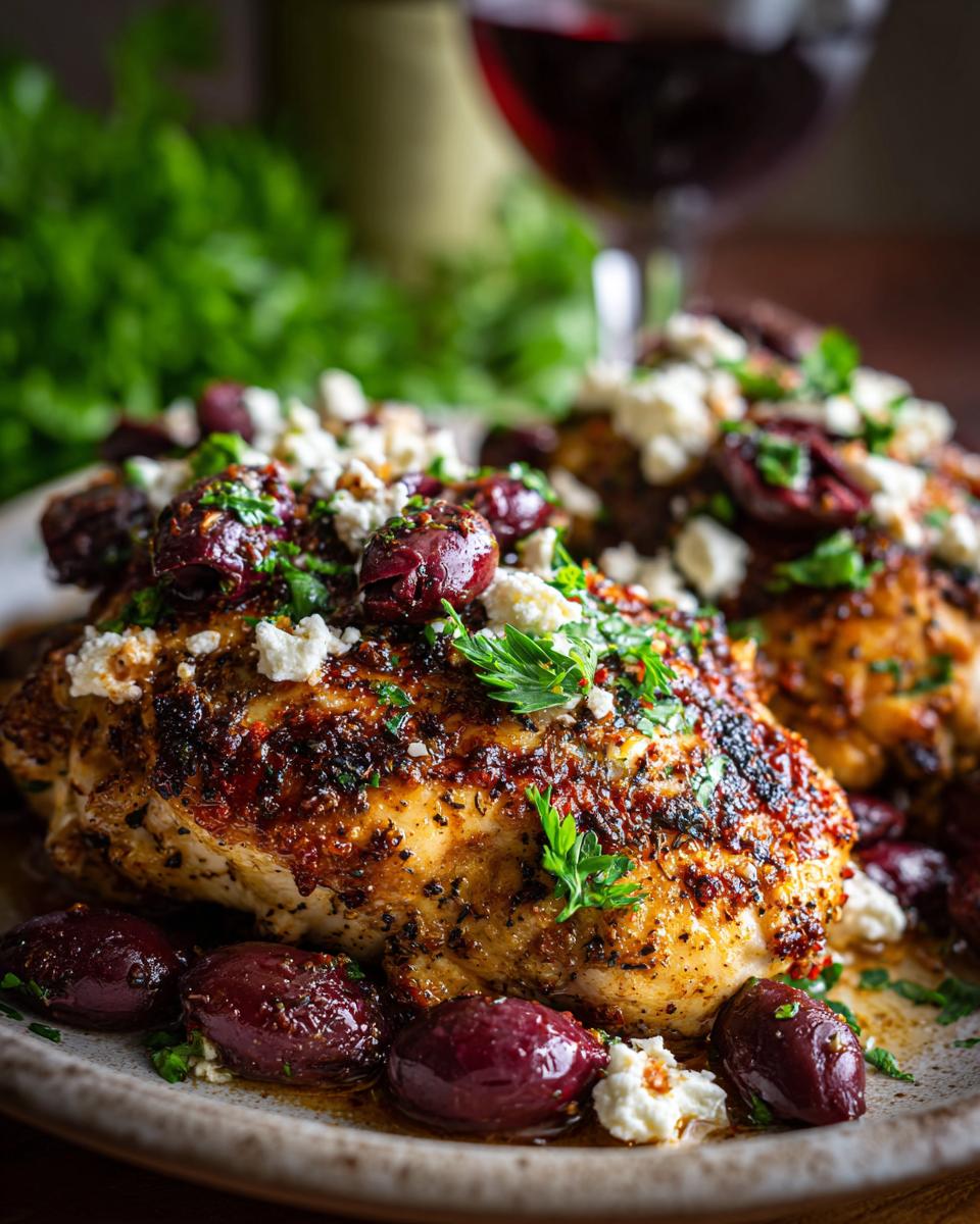 Close-up of Chicken with Olives and Feta, garnished with parsley and served with a glass of red wine.