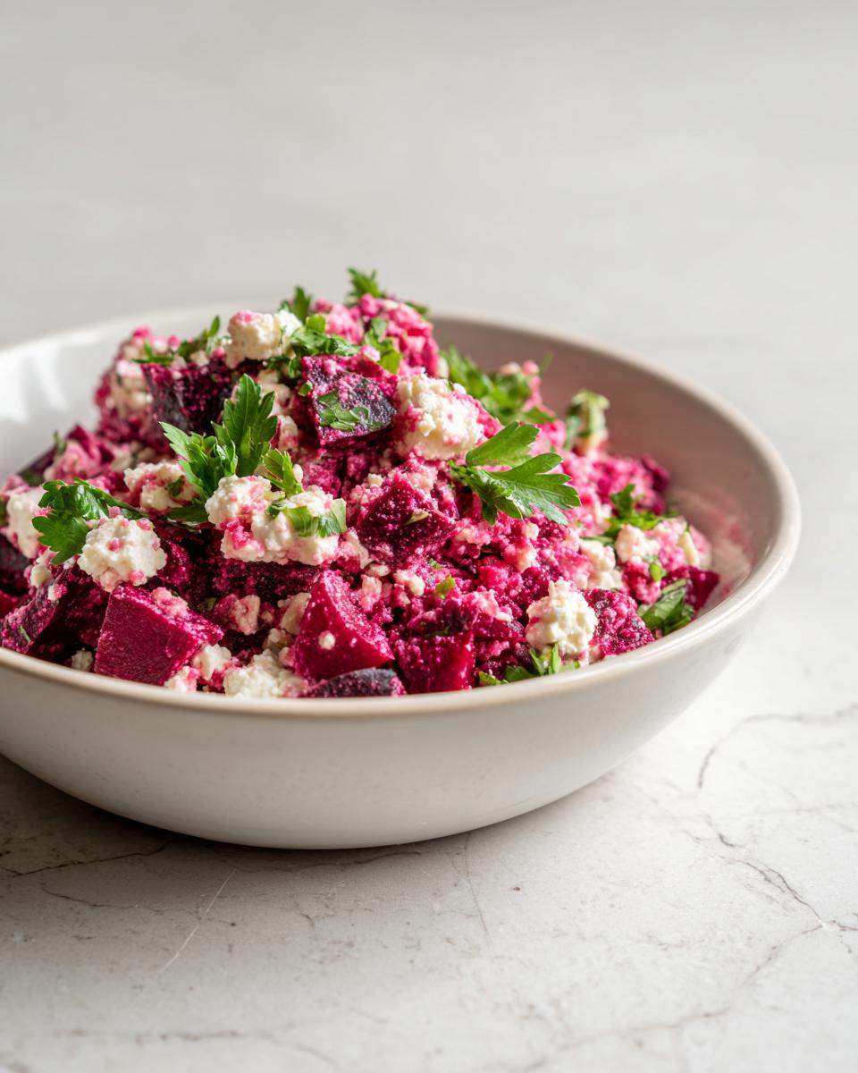 Bowl of Chickpea Beet Feta Salad with Lemon-Garlic dressing, garnished with fresh parsley.