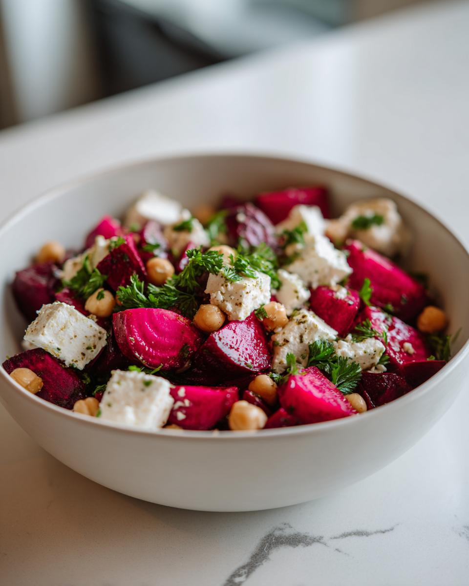A vibrant bowl of Chickpea Beet Feta Salad with Lemon-Garlic, featuring beets, feta, and chickpeas.