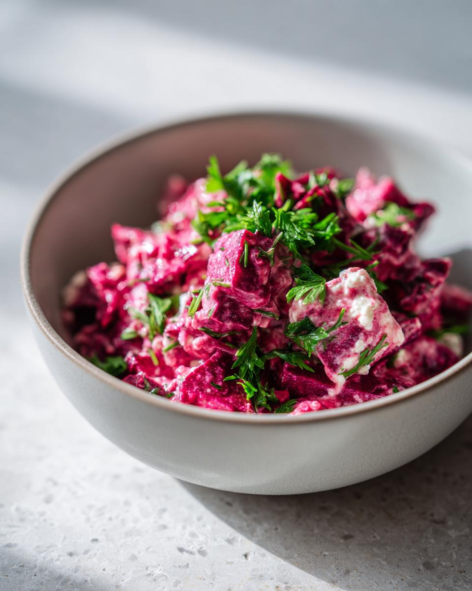 Close-up of Chickpea Beet Feta Salad with Lemon-Garlic dressing in a bowl, garnished with fresh herbs.