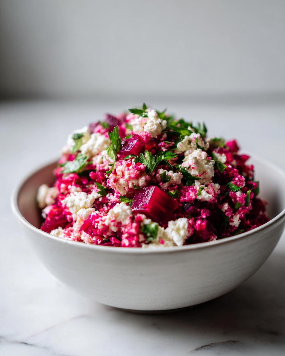 A bowl of vibrant Chickpea Beet Feta Salad with Lemon-Garlic dressing, garnished with fresh parsley.