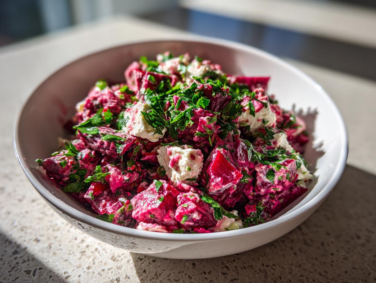 A vibrant bowl of Chickpea Beet Feta Salad with Lemon-Garlic dressing, garnished with fresh herbs.