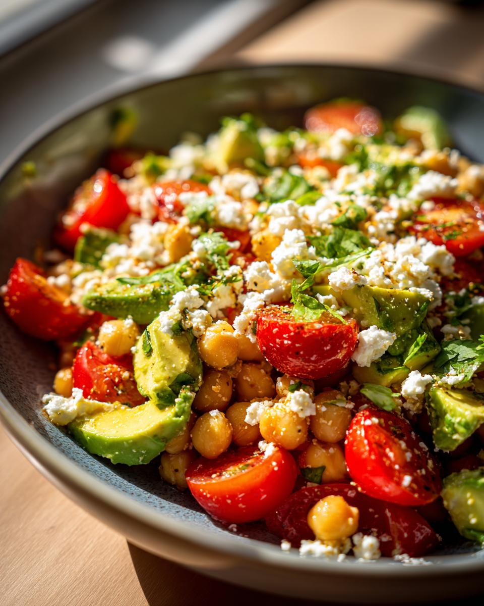 Close-up of a colorful Chickpea Feta Avocado Salad in a bowl, featuring tomatoes and fresh herbs.