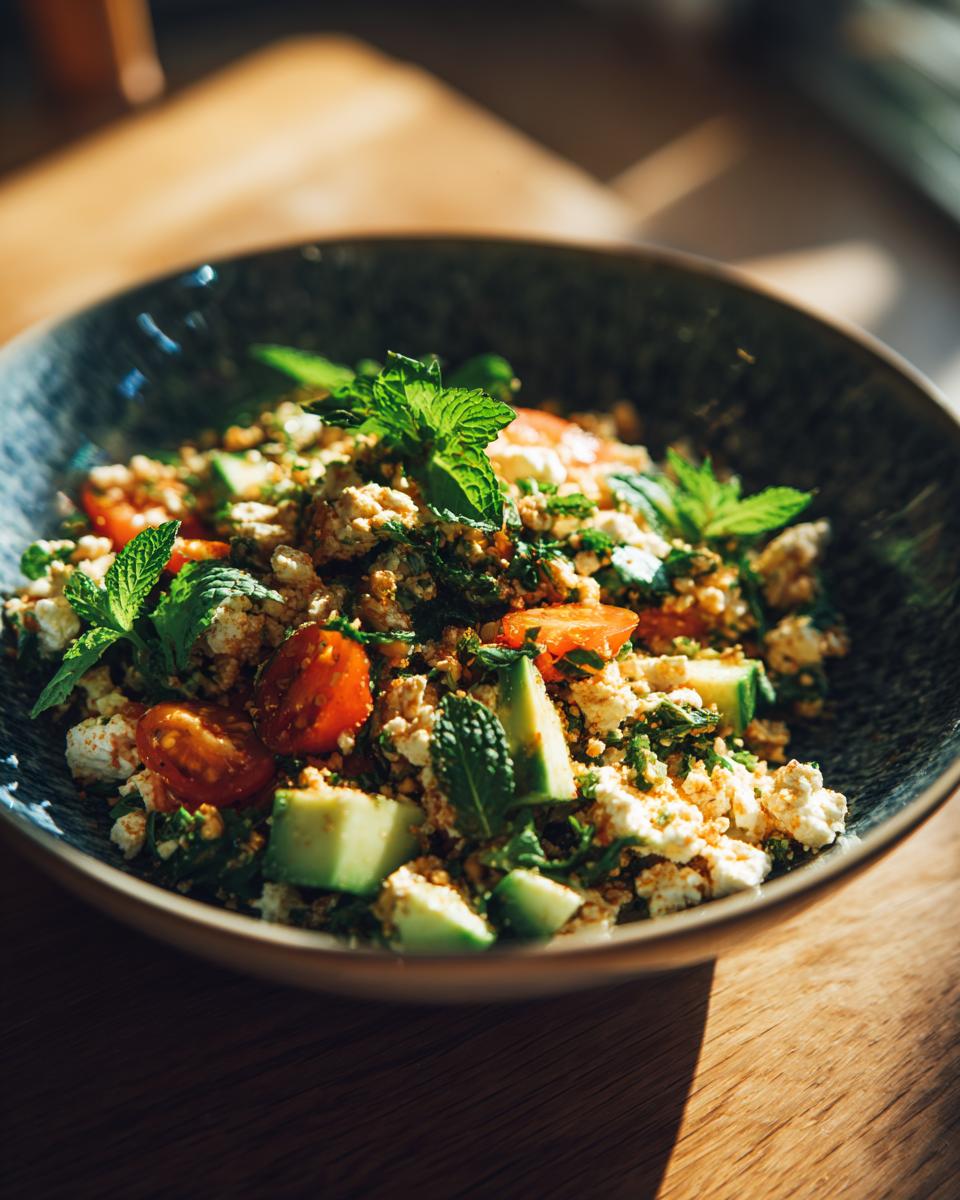 A bowl of Chickpea Feta Avocado Salad with tomatoes and mint, ready to eat.