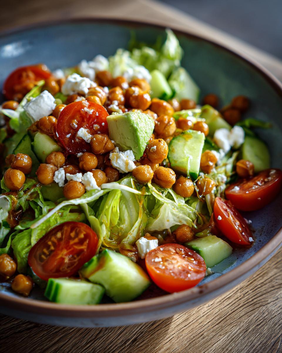 Close-up of a Chickpea Feta Avocado Salad with lettuce, tomatoes, and cucumbers in a blue bowl.