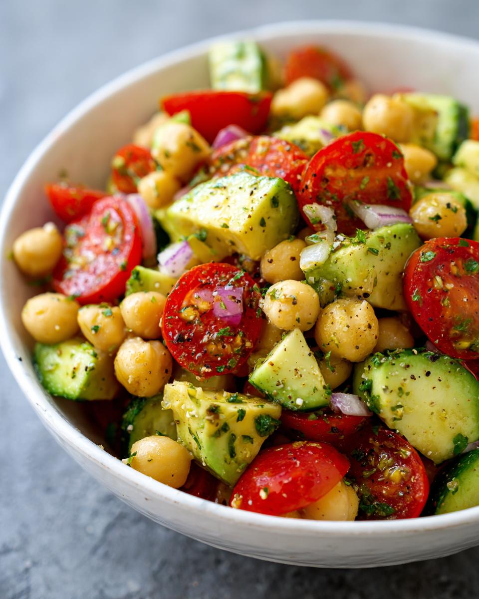 Close-up of a vibrant Chickpea Feta Avocado Salad in a white bowl, showing tomatoes, cucumbers, and red onion.