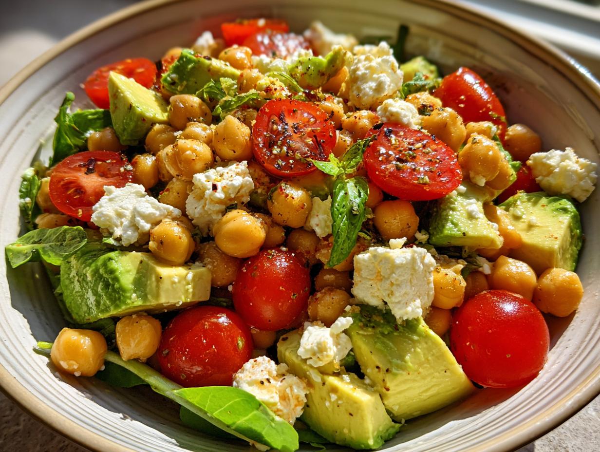 A vibrant bowl of Chickpea Feta Avocado Salad with tomatoes and fresh basil.