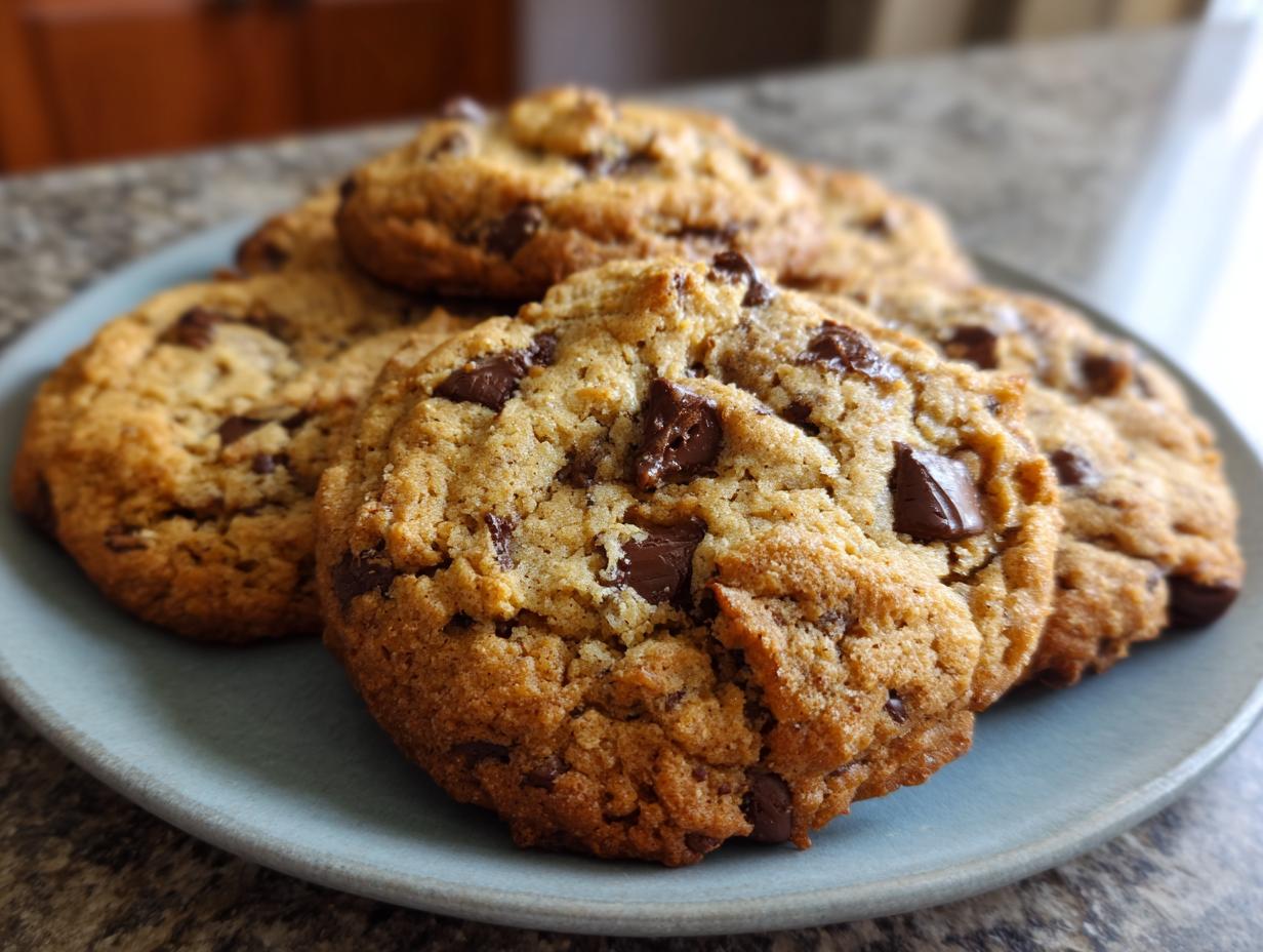 A plate of freshly baked Chocolate-Peanut Butter Cookies with visible chocolate chunks.