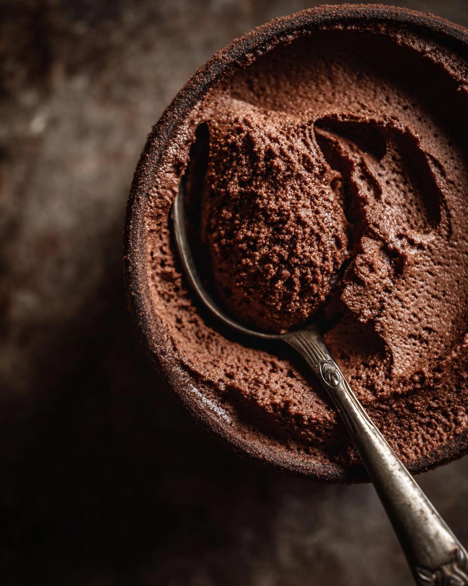 Overhead shot of a bowl of Chocolate Protein Pudding with a spoon scooping out a portion.