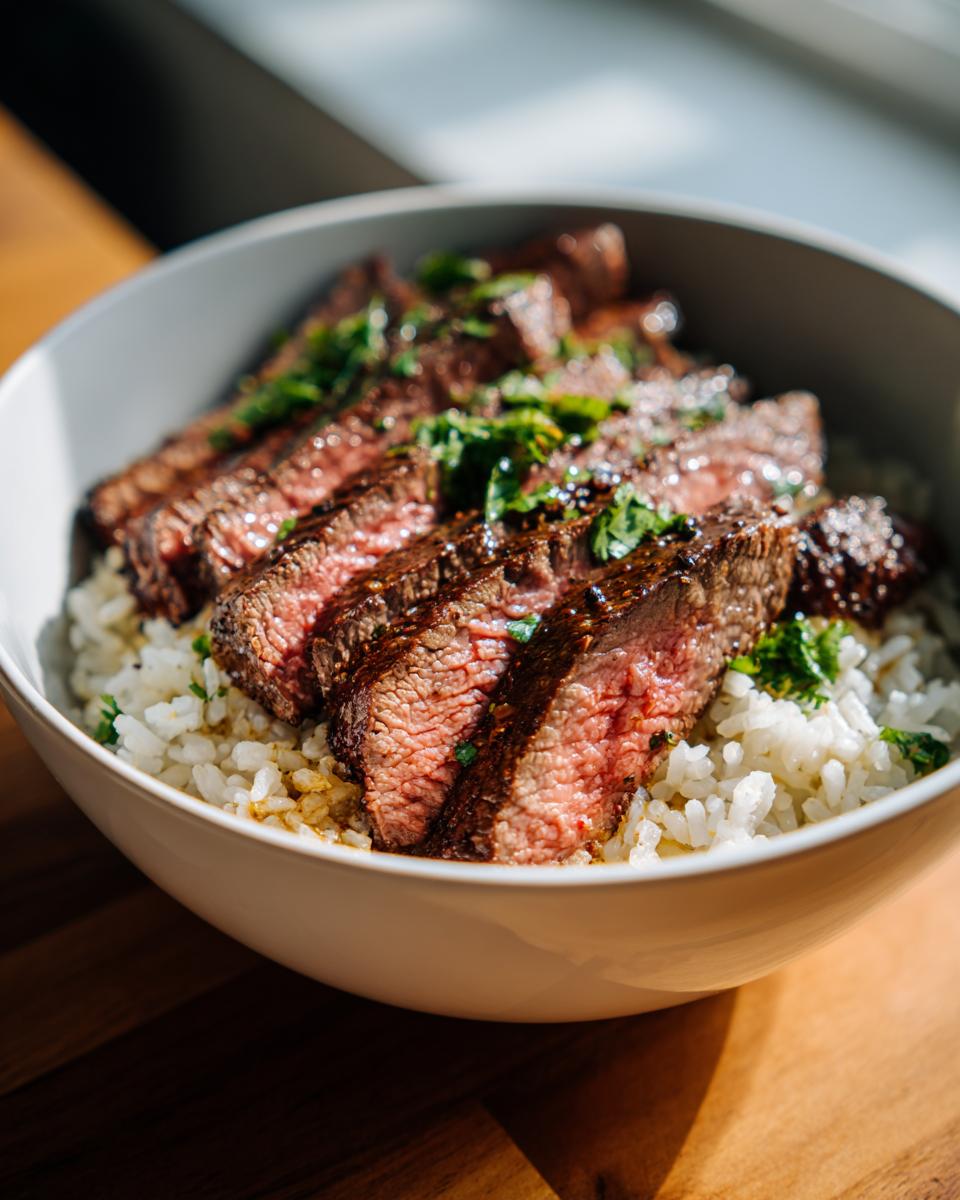 Close-up of CILANTRO LIME STEAK BOWLS with sliced steak, rice, and cilantro in a white bowl.
