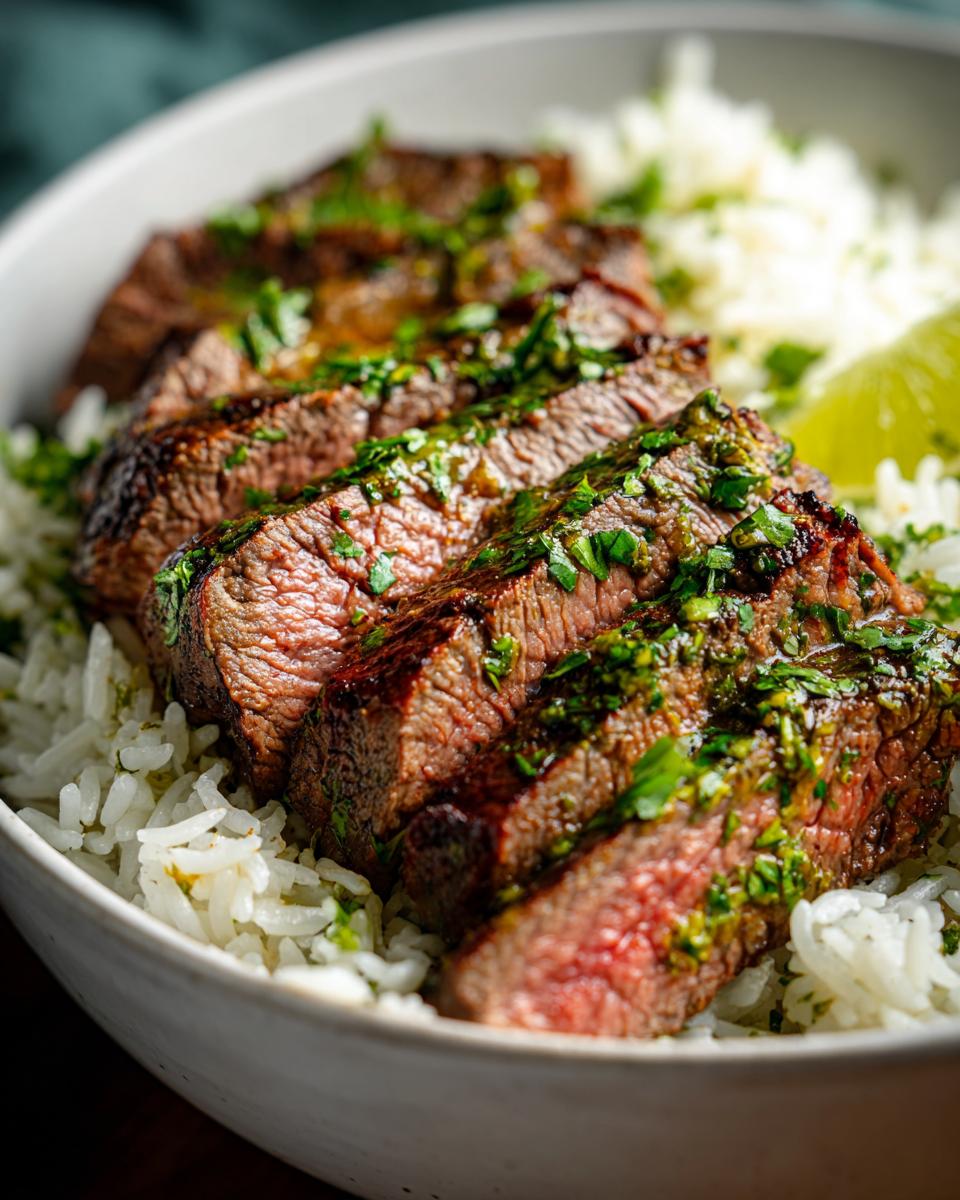 Close-up of sliced steak with cilantro lime sauce over rice for CILANTRO LIME STEAK BOWLS.